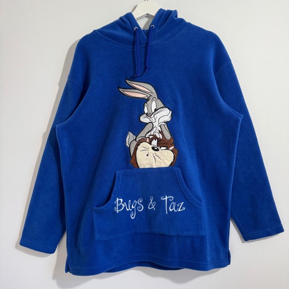 Vintage Warner Bros Bugs And Taz Blue Fleece Hoodie Medium Looney Tunes Graphic - Picture 8 of 8